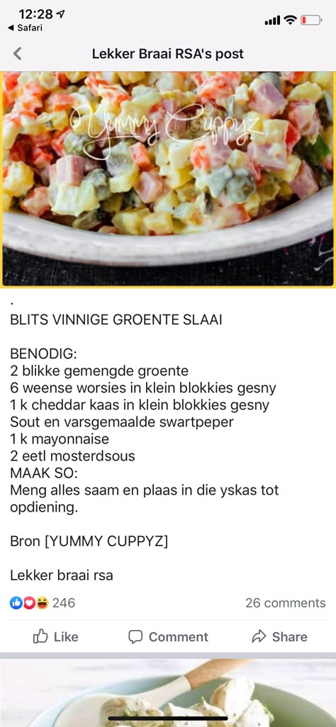 Koringslaai Resep, Maklike Resepte, Curry Meatballs, African Dessert, Cheese Homemade, Recipes Salads, South African Recipes, Veggie Salad, Food Garnishes