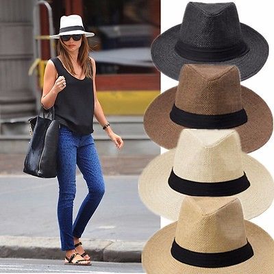 Womens Mens Unisex Straw Packable Travel Panama Hat Fedora Trilby Wide Brim Cap in Clothes, Shoes & Accessories, Men's Accessories, Hats | eBay Fedora Hat Outfits, Stylish Womens Hats, Women Fedora, Summer Beanie, Womens Fedora, Boho Summer Outfits, Summer Hats For Women, Trendy Hat, Sun Hats For Women