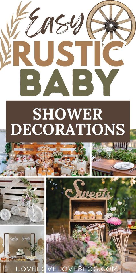 Collage of rustic baby shower decorations for boy and girl parties. Rustic Baby Shower Boy, Rustic Baby Shower Girl, Rustic Baby Shower Ideas, Woodsy Baby Showers, Pumpkin Theme Baby Shower, Rustic Baby Shower Decorations, Burlap Baby Showers, Food Favors, Sage Green Baby Shower