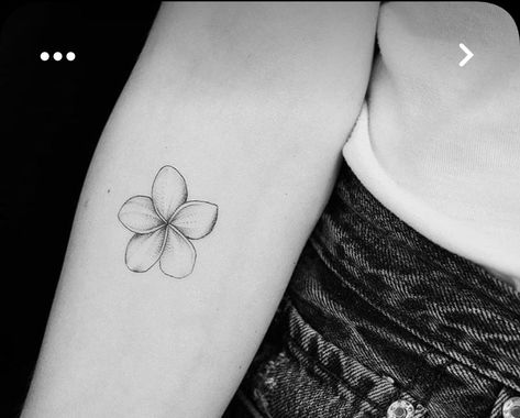 Plumeria Tattoo Simple, Hawaii Tattoo Small Hawaiian Flowers, Fragipanni Tattoo, Monoi Flower Tattoo, Tiare Flower Tattoo, Frangipani Tattoo Fine Line, Small Plumeria Tattoo, Fine Line Frangipani Tattoo, Frangipani Flower Tattoo