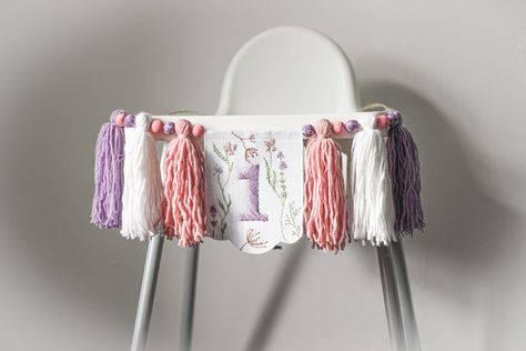 Wildflower High Chair Banner for 1st Birthday - Embroidered One Year Banner with Yarn Tassel Garland - Wildflower Nursery Decor for Girl's High Chair Decorations, Wildflower Birthday Party, Pastel Birthday, 1st Birthday Banners, Birthday Photo Props, Burlap Banner, Flower Party, Tassel Garland, First Birthday Photos