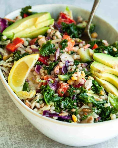 Kale Power Salad, Avocado Goat Cheese, Kale Salads, Herb Vinaigrette, Power Salad, Massaged Kale, Shredded Cabbage, Kale Salad Recipes, Red Bell Peppers