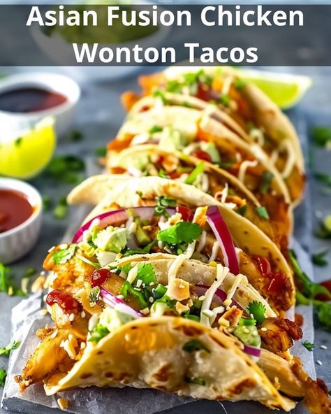 Fast Recipes Vista | Asian Fusion Chicken Wonton Tacos | Facebook Wonton Tacos Recipe, Chicken Wonton Tacos, Fried Chicken Taco, Mexican Fusion, Wonton Tacos, Asian Fusion Recipes, Chicken Wontons, Fast Recipes, Asian Fusion