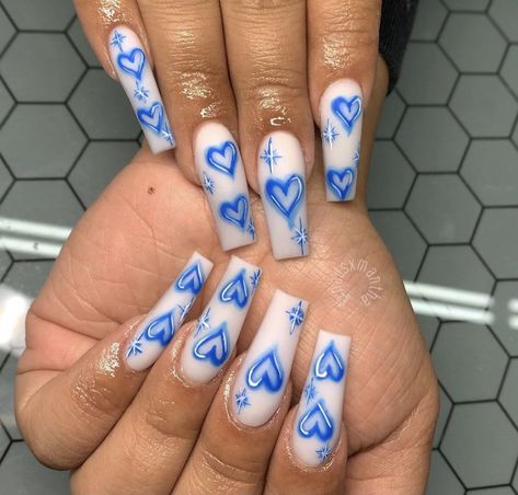 White Nails Medium, Fruity Nails, Nails Blue And White, Valintines Day, Cherry Nail, Acrylic Nails Stiletto, Valentines Day Nails, Long Acrylic Nail Designs, Blue Acrylic Nails