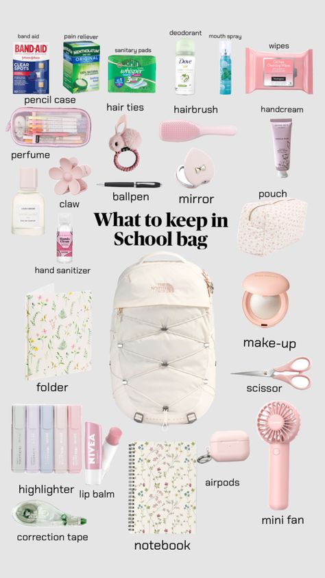 School Bag Organization, High School Essentials, Middle School Essentials, School Emergency Kit, School Backpack Essentials, Preppy School Supplies, School Routine For Teens, Pretty School Supplies, School Bag Essentials