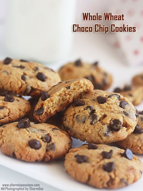 Eggless whole wheat choco chip cookies recipe Eggless Chocochip Cookies, Choco Chip Cookies Recipe, Chocochip Cookies, Cookie Recipes Easy, Whole Wheat Cookies, Chocolate Chip Cookie Recipes, Eggless Cookie Recipes, Eggless Cakes, Eggless Cookies