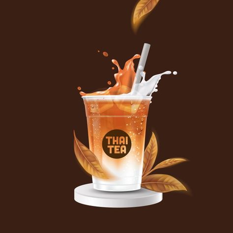 Realistic iced thai tea drink cup mock u... | Premium Vector #Freepik #vector #mockup #splash #tea #cafe Iced Coffee Poster Design, Minuman Thai Tea, Design Cup Drink, Thai Tea Photography, Thai Tea Cup, Minuman Cup, Ice Tea Cup, Cup Minuman, Java Tea