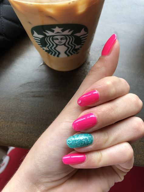 Hot pink & turquoise sparkles Teal And Pink Nails Acrylic, Barbie Pink And Blue Nails, Turquoise Pink Nails, Pink And Turquoise Nails Summer, Hot Pink And Turquoise Nails, Hot Pink And Teal Nails, Pink And Aqua Nails, Pink Turquoise Nails, Turquoise And Pink Nails