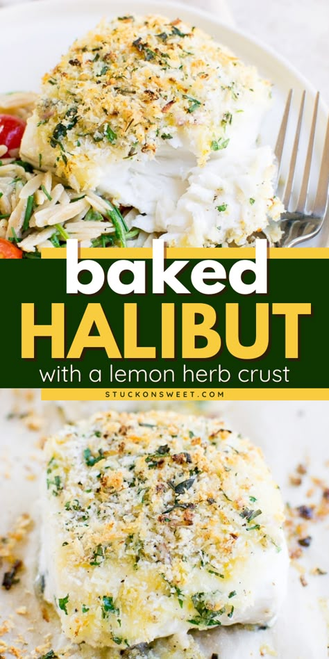 You're just 20 minutes away from this easy summer meal! It's a summer dinner idea featuring baked fish filet. Not only is this baked halibut recipe healthy, but it also has a flavorful lemon herb crust! Halibut Filet Recipes, Healthy Halibut Recipes Clean Eating, Hazelnut Crusted Halibut, Baked Halibut Recipes Mayo, Poached Halibut Recipes, How To Cook Halibut In The Oven, Heavenly Halibut Recipe, Baked Halibut Oven, Baked Halibut Recipes