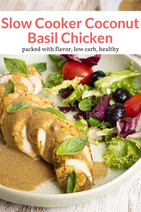 The most amazing creamy coconut basil chicken made in the slow cooker with a sauce you will want to eat with everything. Easy to make, low carb, and healthy. #dinner #kidfriendly #makeahead Chicken Breast Slow Cooker, Sw Recipes, Whole30 Dinner, Slender Kitchen, Cheap Clean Eating, Slim Jim, Ww Freestyle, Delicious Clean Eating, Weekly Meals