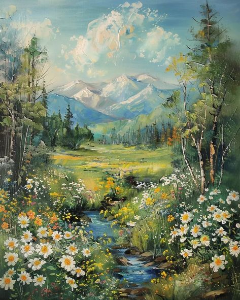 Realistic mountain landscape with meadow, stream, and snow-capped peaks. Landscape Photos To Paint Inspiration, Acrylic Painting Ideas Landscape Mountains, Flower Landscape Ideas Painting, Greenery Landscape Painting, Montana Oil Painting, Mountain Meadow Painting, Mountains And Flowers Painting, Big Nature Painting, Mountain Stream Painting