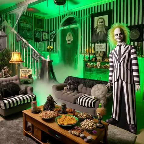 Beetlejuice Room, Beetlejuice House, Adult Halloween Party Decorations, Party For Adults, Halloween Juice, Creepy Halloween Party, Beetlejuice Halloween, Spooky Food, Adult Halloween Party