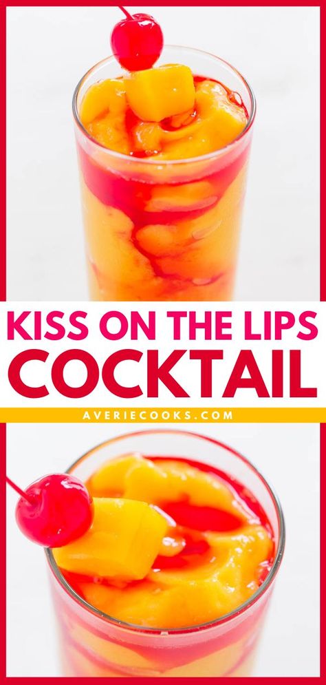 Kiss On The Lips Cocktail, spring, summer drinks, easy cocktail recipes Malibu Rum And Peach Schnapps Drinks, Fresh Fruit Alcohol Drinks, Red And Yellow Alcoholic Drinks, Peach Paradise Cocktail, Fun Party Cocktails, Mango Vodka Drinks Recipes, Mango Vodka Drinks, Peach Snapps Drinks Recipes, Peach Schnapps Drinks Recipes