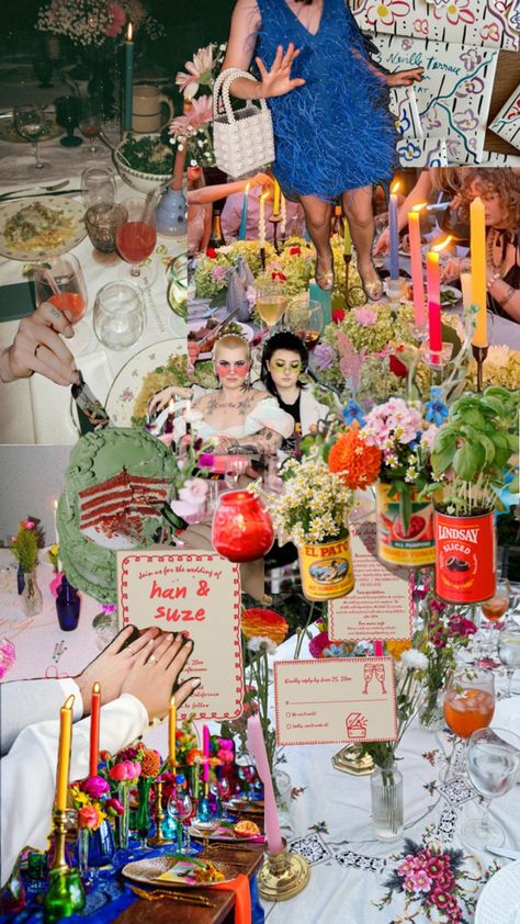 but do it on a budget Maximalist Decor Wedding, Kitschy Wedding Decor, Maximalist Wedding Invitations, Gen Z Wedding, Maximalist Disco Wedding, Vibrant Disco Wedding, Kitsch Wedding, Maximalist Wedding, Colorful Maximalist