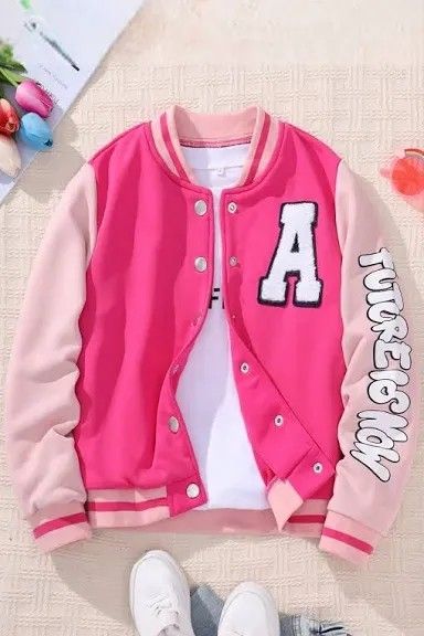 8 Year Girl Outfits, Pink Varsity Jacket, Houses Mansions, Girl Patches, Coat Spring, Fall Outerwear, Girls Applique, Fashion School, Girls Outerwear