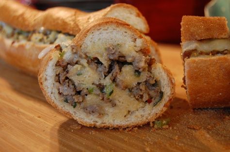 Sausage stuffed French bread: keep a loaf of French bread, ground turkey and ground Italian sausage in freezer so you can always make this in a pinch!  Substituted spray olive oil for butter on top :) Sausage French Bread, Stuffed French Bread Sandwich Recipes, Stuffed French Bread Recipes, Sloppy Joe Stuffed French Bread, Sausage Stuffed French Bread, Ground Turkey Meatloaf, French Bread Loaf, Sausage Bread, French Bread Recipe