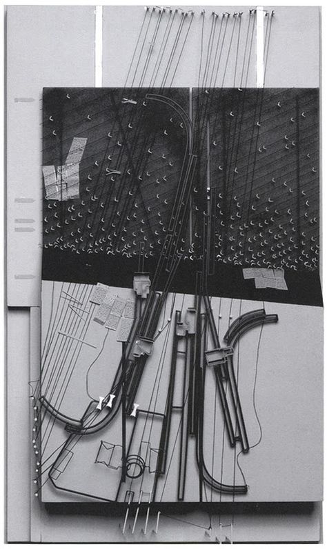 Smout Allen, 1:500 model proposal for Happisburgh, Norfolk which is being eroded by the sea. The model shows their proposal for a moveable village on tracks, its trajectory and the tracings of its former settlements indicated by strings. From Pamphlet Architecture no.28, Augmented Landscapes. Smout Allen, House Garden Landscape, Bartlett School Of Architecture, Site Model, Architecture Panel, Architectural Competition, Landscape Model, Arch Model, Famous Architects