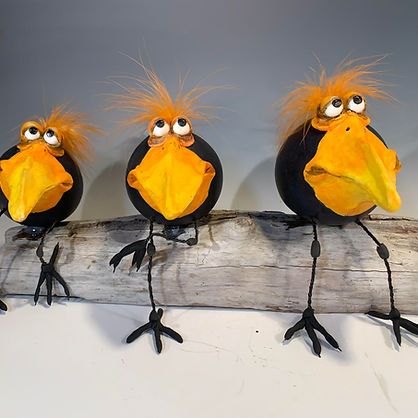 SMALL BIRDS collection | Jen's Wild Gourds Air Dry Clay Birds, Cartoon Crow, Silly Birds, Birds Funny, Quirky Birds, Paper Mache Animals, Whimsical Creatures, Clay Birds, Chicken Crafts