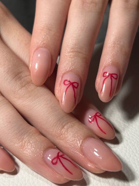 Nail Design Not Acrylic, Nail Art Designs Coquette, Very Simple Nail Ideas, Ribbon Nails Aesthetic, Cute Pink And Red Nails, Ribbon Nails Art, Nails Ribbon Design, Simple Pink And Red Nails, Cute Nail Art Simple