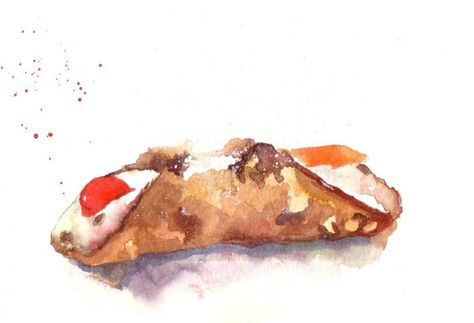 Sicilian Cannolo made with fresh ricotta cheese. Sketched in watercolour by Cathy Holtom http://cathyholtomdustylane.blogspot.it/ Cannoli Illustration, Prints For Kitchen, Menu Project, Sweets Drawing, Sicily Food, Fresh Ricotta, Sicilian Food, Dessert Illustration, Color Pencil Sketch