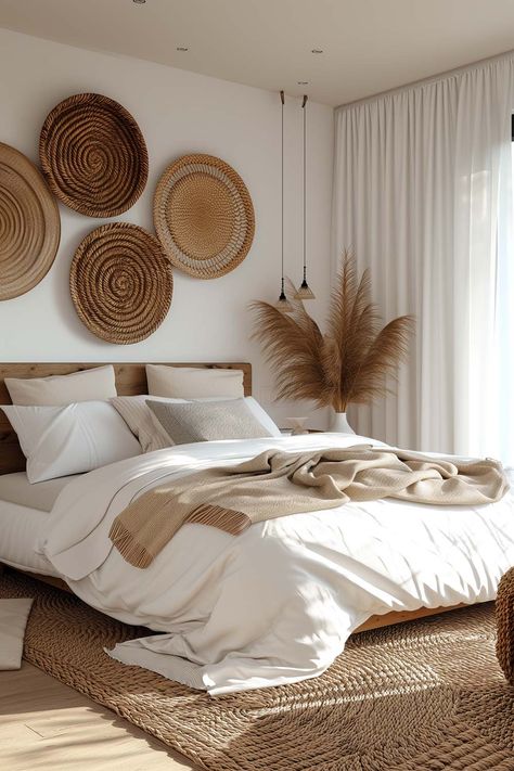 19+ Boho Bedroom Ideas for a Cozy and Dreamy Retreat - VIV & TIM Neutral Bedroom Ideas White Furniture, Noelle Downing Home, Boho Bed Frame Ideas, Beige And Wood Bedroom, Boho Bedroom Gray, Rattan Bedroom Decor, White Bedroom With Green Accents, Bedroom Ideas With Wallpaper, Boho Bed Headboard