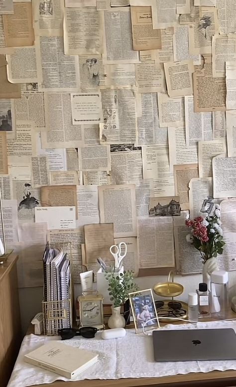 Paper Wall Aesthetic, Newspaper Bedroom Wall, Pages On Wall Aesthetic, Book Pages Wall Decor Aesthetic, Paper On Wall Aesthetic, Book Paper Wall Decor, Book Page Wall Bedroom, Book Page Walls, Book Wall Collage