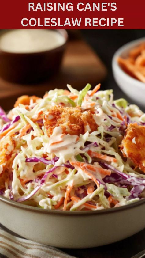 Raising Cane’s Coleslaw Recipe – Delish Diner Raising Canes Coleslaw Recipe, Homemade Raising Canes Sauce, Homemade Raising Canes Chicken, Raising Canes Chicken Recipe, Cane’s Chicken Tenders Recipe, Canes Chicken, Raising Canes, Vegetarian Cabbage, Mashed Avocado