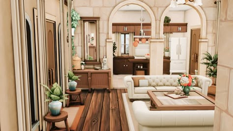 Sims 4 Cottage Interior, Cottage Core House Interior, Sims 4 Interior Design Ideas, Old Mansions Interior, Cottage Core Bloxburg House, Sims 4 Room Ideas, Classy Apartment, Sims 4 Loft, Living Room Sims 4