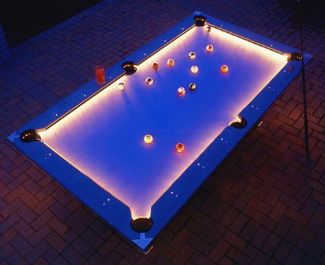 Glowing pool table. Much more fun at night Outdoor Pool Table, Custom Pool Tables, Pool Rooms, Have Inspiration, Pool Table, Cool Pools, Billiard Table, Outdoor Fun, Billiards