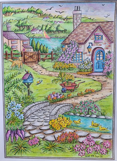 Pencil Color Drawing Creative, Creative Haven Coloring Books Finished, Painted Laptop, Beautiful Scenery Drawing, Village Drawing, Teresa Goodridge, Creative Haven Coloring Books, Drawing Scenery, Pop Art Drawing