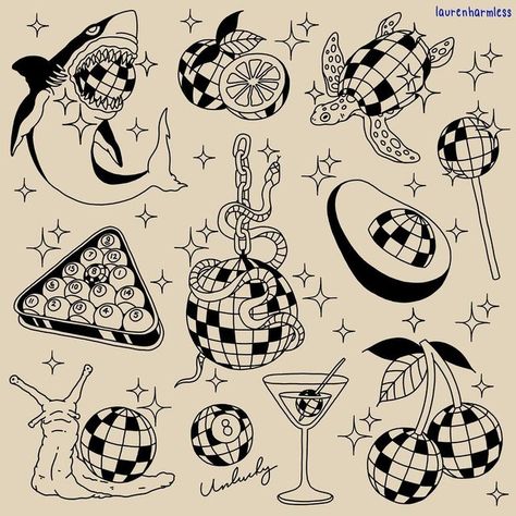 Flash Designs Tattoo, Disco Flash Tattoo, Dancing Daisy Tattoo, Traditional Disco Ball Tattoo, Flash Tattoo Placement Ideas, Tattoo Design Ideas Sketches, Fun Flash Tattoo, Disco Tattoo Ideas, Tiny American Traditional Tattoos