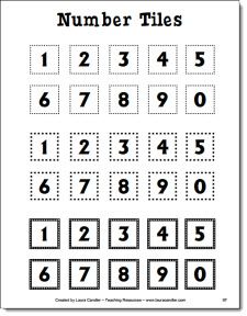 Free 1" Number Tile Patterns for math activities - just duplicate on card stock, laminate, and cut out.  I used these in my 5th grade classroom. Kindergarten Safari, Math Tiles, Math Manipulative, Math Kindergarten, Number Tiles, Glitter Number, Math Strategies, 1 Number, Number 0