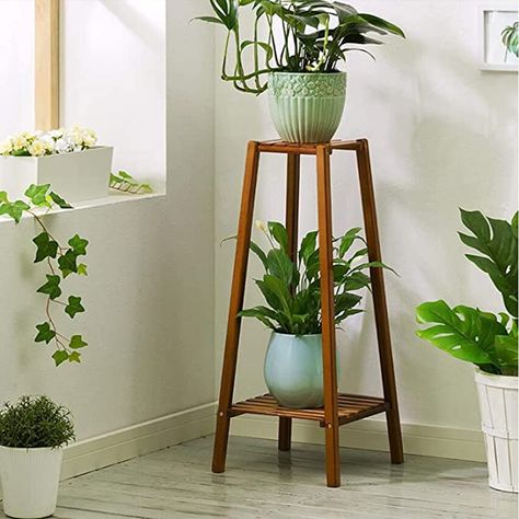 AmazonSmile : Magshion Bamboo Tall Plant Stand Pot Holder Small Space Table (2 Tier) : Garden & Outdoor Tall Plant Stand Indoor, Tall Plant Stand, Tall Plant, Corner Plant, Tall Plant Stands, Support Pour Plante, Plant Stands Outdoor, Support Plante, Wood Plant Stand