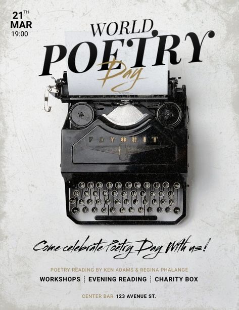 World Poetry Day Flyer Template | PosterMyWall Poetry Day Ideas, World Poetry Day Creative Ads, World Poetry Day Poster, Poetry Reading Event, Poetry Event Poster, All Souls Day Poster, Poetry Poster Design, Poetry Posters Design, Poetry Layout