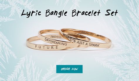 The #Paramore Lyric Bangle Bracelet: #Future #Daydreaming #ItsJustASpark http://store.fueledbyramen.com/artists/paramore/day-dreaming-future-sparks-bracelet-set.html Bangle Bracelet Set, Paramore, Bangle Bracelet, Bracelet Set, Bangle Bracelets, Bangles, Bracelet