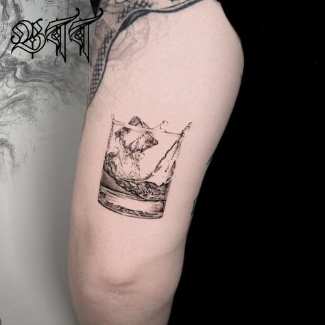 Clinking Glasses Tattoo, Glass Tattoo Ideas, Whisky Glass Tattoo, Whiskey Bottle Tattoo, Whiskey Glass Tattoo, Whiskey Tattoo, Glass Tattoo, Whiskey On Ice, Ice Tattoo