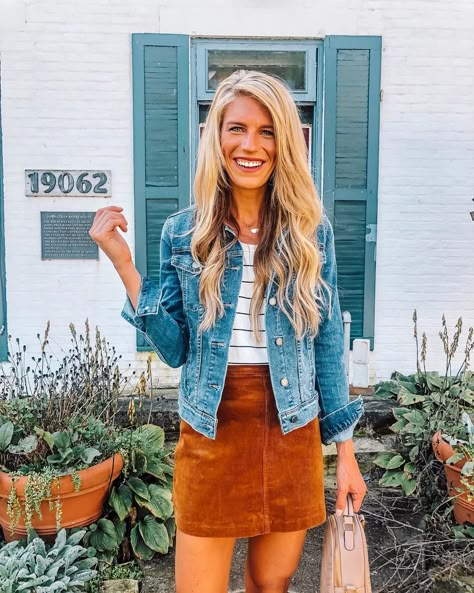 Ashley Bell @tallblondebell -- Fall outfit \||  Corduroy skirt || denim jacket || Fall style || Everyday outfit | affordable fashion || Corduroy Skirt Outfit, Corduroy Skirt, Skirt Outfit, Fall Style, Casual Fall Outfits, Ladies Dress Design, Mode Inspiration, Autumn Fashion Women, Dream Clothes