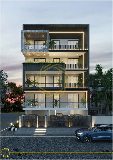 Builder Floor Elevation, Modern Facade Design Residential, Exterior House Lights, Apartment Facade, Builder Floor, Balcony Roof, House Outer Design, Residential Building Design, Best Modern House Design