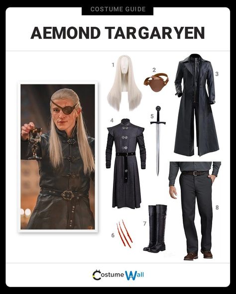 Aemond Targaryen Costume Targaryen Costume, Fake Scar, Targaryen Sigil, Black Leather Trench Coat, Got Costumes, Costume Guide, Aemond Targaryen, Wig Brown, Daemon Targaryen