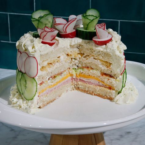 Sandwich Cakes Ideas, Tea Sandwich Cake, Savoury Cake Ideas, Cake Sandwich Ideas Desserts, Lady Luncheon Ideas Food, Smorgastarta Sandwich Cake, Sandwich Cakes, Swedish Sandwich Cake, Cake Sandwich Ideas