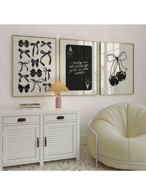 3Pcs/Set Fashion Black Bow Wall Art, Black & White Bow Print Decorative Painting, College Apartment Decoration, College Style Poster, Bedroom, Office, Living Room, Wall Decoration, Home & Dormitory Decoration, Frameless 3pcs/set Scandinavian   Canvas Plain Unframed Painting   Home Decor, size features are:Bust: ,Length: ,Sleeve Length: White Dorm Room, 2024 Bedroom, Coquette Room Decor, College Room Decor, White Room Decor, Coquette Room, Black Bows, College Apartment Decor, Dorm Room Inspiration