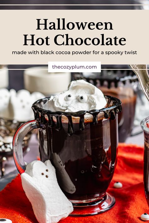 This rich Halloween hot chocolate is a spooky version of a classic hot cocoa. Perfect for a brisk trick-or-treat night or Halloween party, this version uses black cocoa powder for an ultra-dark version that tastes like Oreo cookies. Spooky Hot Chocolate, Halloween Hot Cocoa, Halloween Hot Chocolate, Fancy Hot Chocolate, Halloween Coffee Drinks, Fall Dessert Bar, Oreo Cookie Flavors, Hot Chocolate Toppings, Hot Chocolate Milk