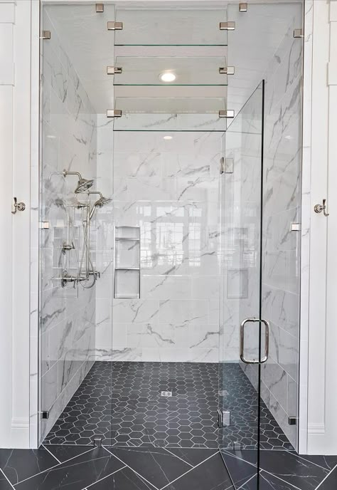 Biltmore Home Builders White Marble Tile Shower Walls, Master Bath Porcelain Tile, Zero Entrance Shower Ideas, Bathroom With 2 Entrances, Shower Floors Ideas, Bathroom Porcelain Tile Floor, Grey Shower Floor Tile, Hex Tile Shower Floor, Shower Tile Floor Ideas