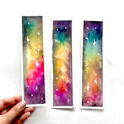 How to Paint Galaxy Watercolor Bookmarks - Smiling Colors Book Marks Diy, Galaxy Bookmark, Watercolor Salt, Paint Galaxy, Rainbow Bookmark, Bookmark Watercolor, Galaxy Projects, Galaxy Watercolor, Nails Tools