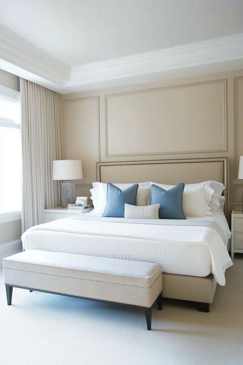 Beige and light blue offer a refreshing and airy ambiance for any bedroom.  Explore these 25 inspiring bedroom ideas, featuring different shades of light blue paired with beige for a serene and elegant look.  Discover how to create a calming and stylish space using this timeless color palette. Blue And Beige Bedroom Ideas, Light Blue Bedrooms, Blue And Beige Bedroom, Beige Bedroom Ideas, Blue And Cream Bedroom, Blue Bedside Tables, Light Blue Bedroom, Beige Headboard, Blue Bedrooms