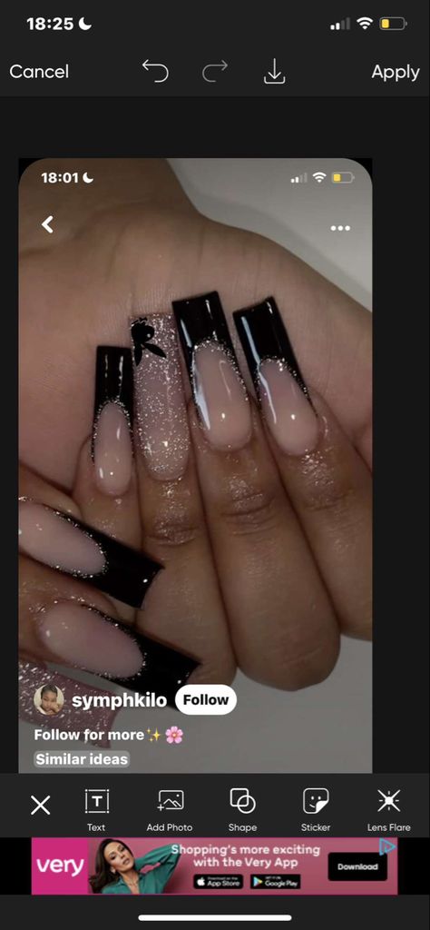 Cute Simple Nail Designs Black And White, Black And White Coffin Nail Ideas, Natural Acrylic Nails Square, Black 21st Birthday Nails, 19 Nails Birthday, Black Nails Ideas Y2k, Nails Play Boy Bunny, Play Boy Nails Acrylic, Black Nail Sets Y2k