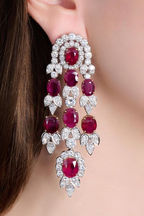 Pair of ruby and diamond pendent ear clips | Important Jewels | 2023 | Sotheby's Diamond Earrings Indian, Ruby Earring, Diamond Chandelier Earrings, Tiaras Jewellery, Diamond Pendent, Diamond Earrings Design, Jewellery Design Sketches, Pearl Necklace Designs, Diamond Necklace Designs