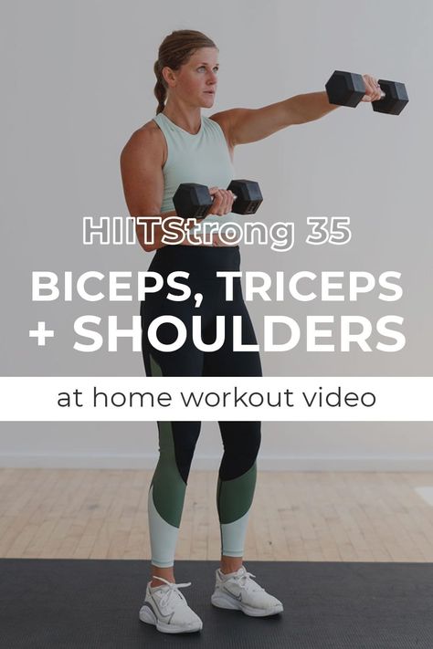 8 dumbbell arm exercises to build strong biceps, sculpted shoulders and toned triceps at home. This efficient bicep, shoulder and tricep workout alternates dumbbell strength circuits with core and cardio tabata intervals that will build muscle, raise your heart rate and keep your abs working the entire time! Smoke your small but mighty bicep, shoulder and tricep muscles with these 8 push and pull exercises. All in under 35 minutes at home! Bicep Tricep And Shoulder Workout, Shoulder Bicep Tricep Workout, Tricep Exercises With Dumbbells, Bicep Shoulder Workout, Bicep And Tricep Workout For Women, Bicep And Shoulder Workout, Shoulders And Triceps Workouts, Shoulder And Tricep Workout, Arm Strength Workout