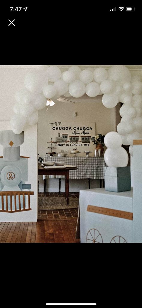 Vintage Train Birthday Party Decoration, Modern Train Party, Chugga Chugga Two Two Food Ideas, Low Key 2nd Birthday Party, Train Baby Shower Theme Boys, Two Two Cute 2nd Birthday Party Train, 2 Train Birthday Party, Train Party Balloon Arch, Train Theme Baby Shower Ideas