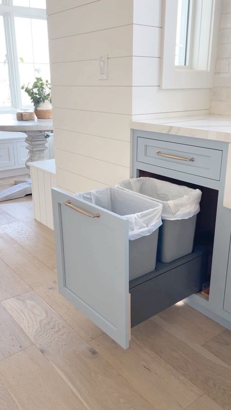 Garbage Drawer, Hidden Trash Can Kitchen, Shaker Kitchen Island, Trash Drawer, Hide Trash Cans, Light Blue Decor, Breakfast Nook Bench, Breakfast Nook Table, Four Seasons Room